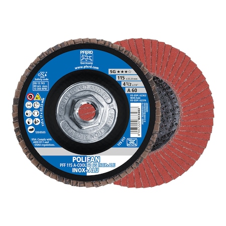 Pferd 4-1/2" x 5/8-11 Thd. POLIFAN Flap Disc - A-COOL SG INOX+ALU, Aluminum oxide, 60 Grit, Flat 62374